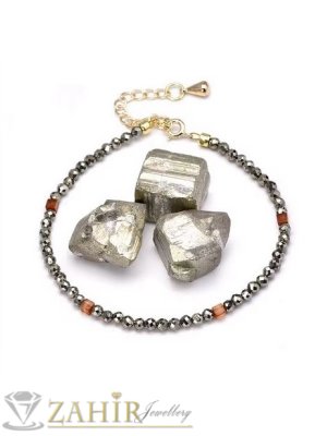 Мега яка гривна за ръка или глезен от естествен пирит3 мм топче и стоманени елементи, закопчалка и удължител - GA3064